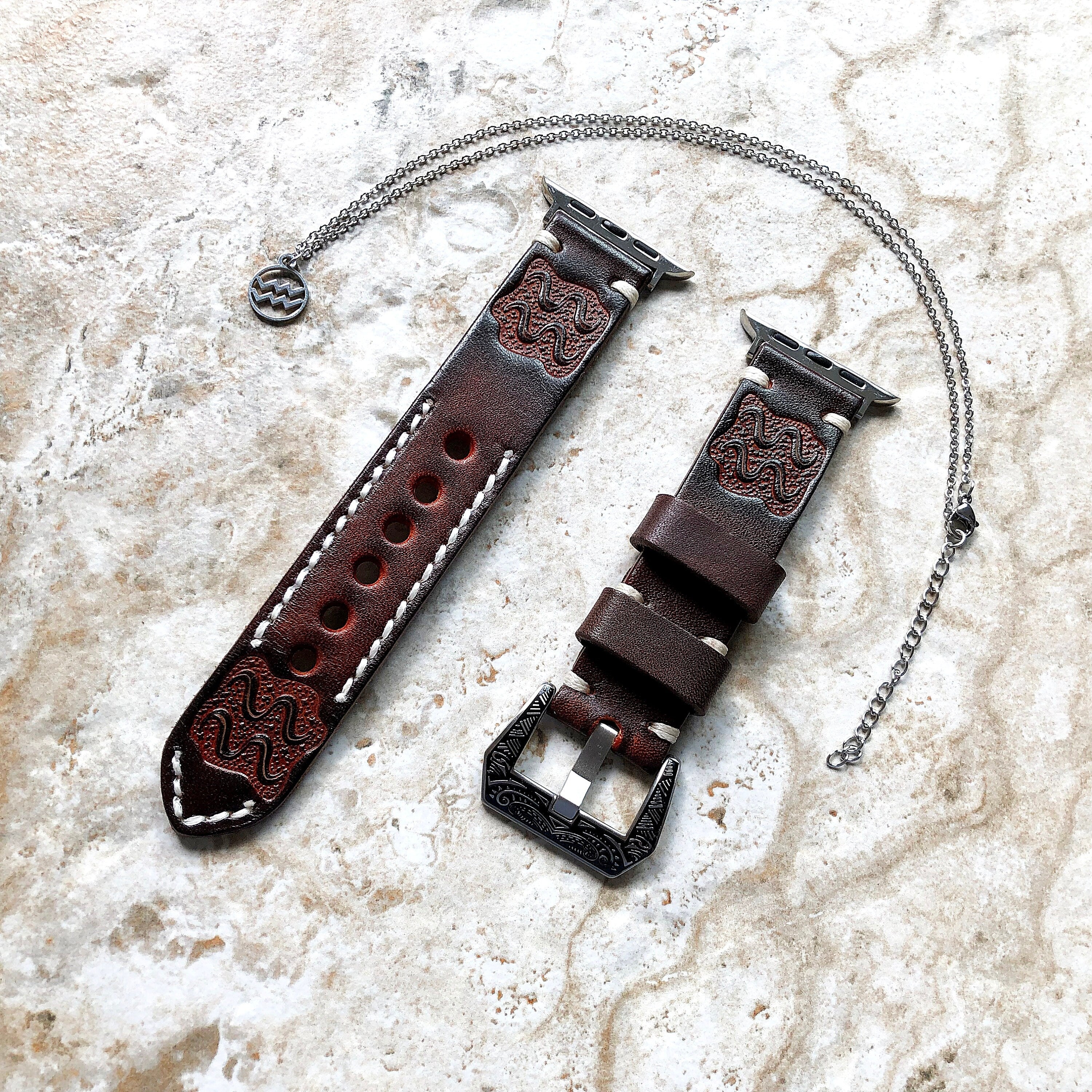 Apple Watch Aquarius Zodiac Band Set for iWatch Ultra 2 49mm and 9 8 Series 41mm 45mm Case Brown Leather Tooled Embossed Strap and Necklace